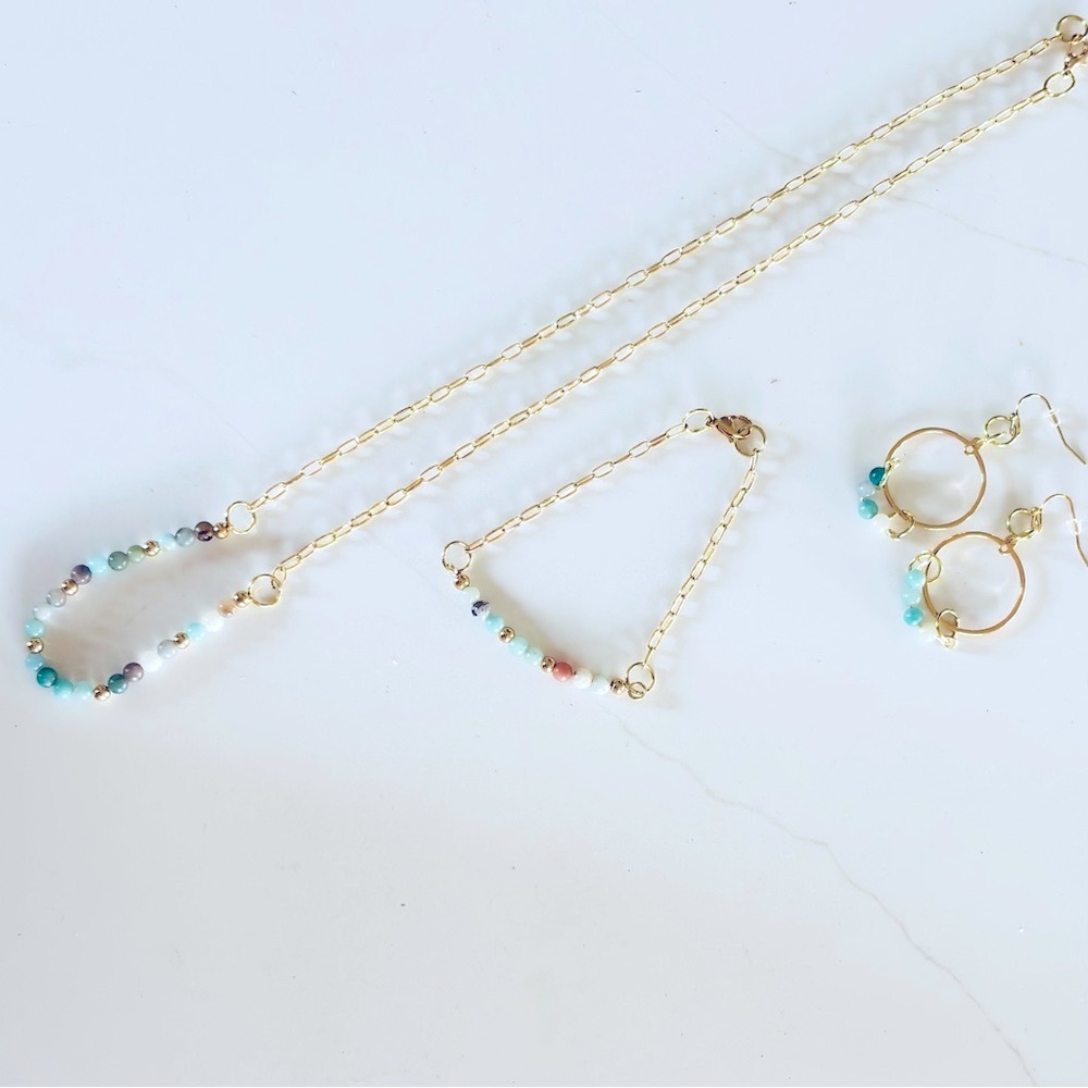 Light blue bead and gold necklace, bracelet, earrings set